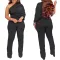 Solid color irregular shoulder single sleeve pleated jumpsuit