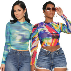 Sexy and fashionable digital printed long sleeved women's top
