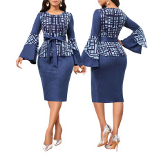 Fashionable digital printed trumpet sleeve white-collar women's dress