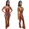Sexy digital printed striped backless hanging neck jumpsuit
