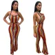 Sexy digital printed striped backless hanging neck jumpsuit