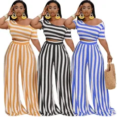 Fashion navel striped wide leg pants two-piece set
