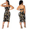 Sexy chain printed back hollow suspender dress