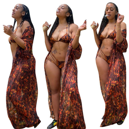 Fashionable digital printed sexy bikini swimsuit+cover up three piece set