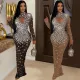 Fashion women's round neck rhinestone hot stamping dress long skirt new
