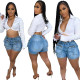 Washed elastic denim workwear with three-dimensional pocket shorts