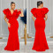 Fashion women's solid color short sleeved V-neck long dress