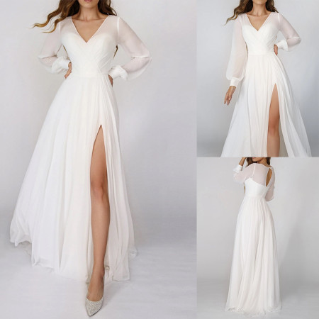 V-neck new solid color slit long sleeved elegant slim fit women's dress