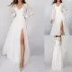 V-neck new solid color slit long sleeved elegant slim fit women's dress