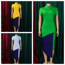 Women's summer slanted neck fashionable temperament short sleeved bag hip color blocked pencil skirt African dress