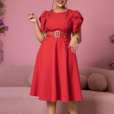 Round neck fashionable OL DRESSES solid color short sleeved temperament pleated big swing dress