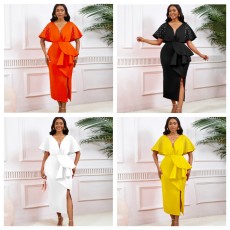 Sexy V-neck ruffle edge slit nail bead evening dress, socialite temperament banquet dress   5 COLORS