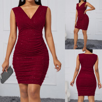 Solid color European and American sleeveless slim fit sequin cross-border hip hugging women's dress