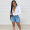 Washed elastic denim workwear with three-dimensional pocket shorts