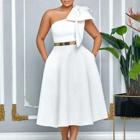 Women's Summer New Fashion Slant Shoulder Bow Banquet Dress Grand Pendant Dress