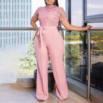 Sexy lace lace hollow short sleeved strap high waist wide leg foreign trade jumpsuit