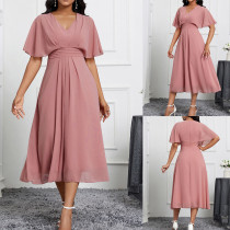 V-neck short sleeved elegant foreign trade European and American slim fit chiffon cross-border women's dress