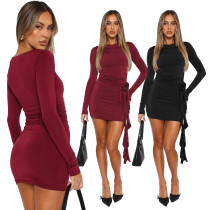 Solid color long sleeved round neck slim fit patchwork rose ribbon versatile nightclub dress