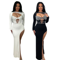 Fashionable round neck long sleeved rhinestone hollow out high slit dress, long skirt for women