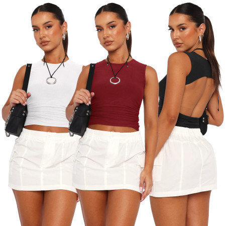 Solid color sexy bare back versatile round neck short sleeved pullover with exposed navel casual T-shirt for women
