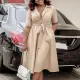OL DRESS 3COLOR Fashion Suit Collar Short Sleeve Solid Color Waist Large Swing Foreign Trade Dress