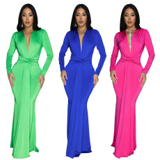 Foreign trade sexy deep V slim fit long sleeved solid color dress party evening dress long skirt