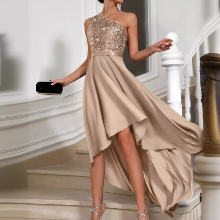 Elegant one shoulder slim fit spring and summer sleeveless cross-border banquet women's evening dress