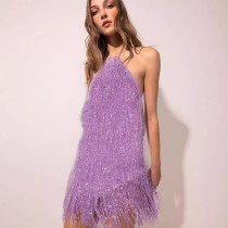 Sleeveless hanging neck solid color dress, short skirt