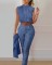 New Fashion Printed Sleeveless Top Solid Color High Waist Pants Set with Belt