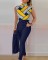 New Fashion Printed Sleeveless Top Solid Color High Waist Pants Set with Belt