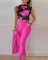 New Fashion Printed Sleeveless Top Solid Color High Waist Pants Set with Belt