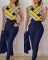 New Fashion Printed Sleeveless Top Solid Color High Waist Pants Set with Belt