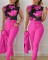 New Fashion Printed Sleeveless Top Solid Color High Waist Pants Set with Belt
