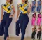 New Fashion Printed Sleeveless Top Solid Color High Waist Pants Set with Belt