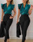 Fashionable printed lotus leaf sleeve top, solid color pants set with belt