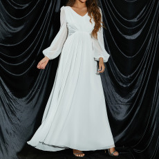 PLUS SIZENew solid color chiffon V-neck long sleeved elegant slim fit sequin banquet dress