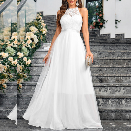 Summer Solid Color Lace Mesh Sleeveless Elegant Slimming Amazon Banquet Women's Evening Dress