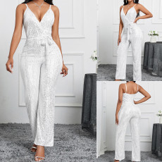 New camisole V-neck European and American lace up summer sequin solid color Amazon women's jumpsuit