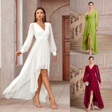 New solid color V-neck European and American irregular skirt long sleeved elegant slim fit women's dress