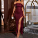 New solid color one shoulder elegant slim fit sequin wrapped hip slit banquet evening gown