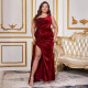 New plus size solid color sequin single shoulder strapless slim fit split suede sleeveless elegant slim fit banquet evening gown