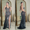 Women's hot stamping diamond V-neck sleeveless dress long skirt