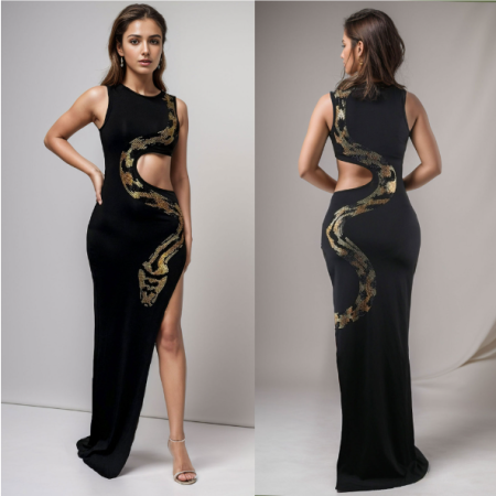 Hollow snake shaped rhinestone split hip dress