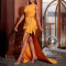 Solid color slim fit lace up slit sleeveless small trailing women's evening gown