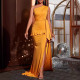 Solid color slim fit lace up slit sleeveless small trailing women's evening gown