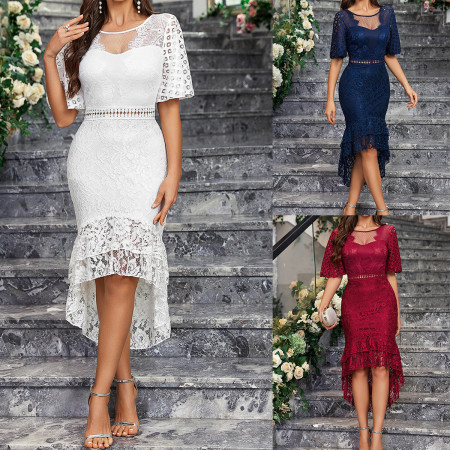 New Solid Color Lace Mid Sleeve European and American Bag Hip Elegant Slimming Amazon Women's Dress