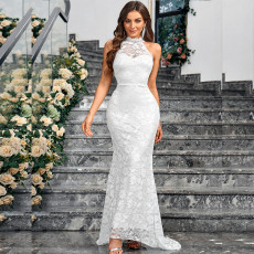 New solid color lace elegant slim fit European and American backless sleeveless dress with hip wrap and trailing party evening gown