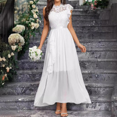 New elegant lace chiffon slim fit slit solid color women's dress
