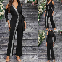 Lace up sequin V-neck slim straight leg pants women's jumpsuit