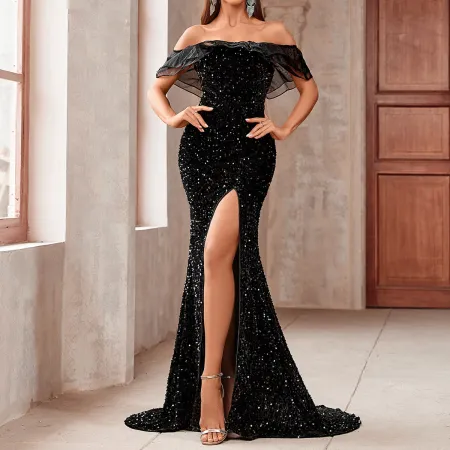 New solid color shoulder bag with hip slit, foreign trade small tail, backless sequin party evening dress